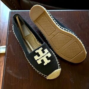 Tory Burch Black and Gold Slip-On Espadrilles